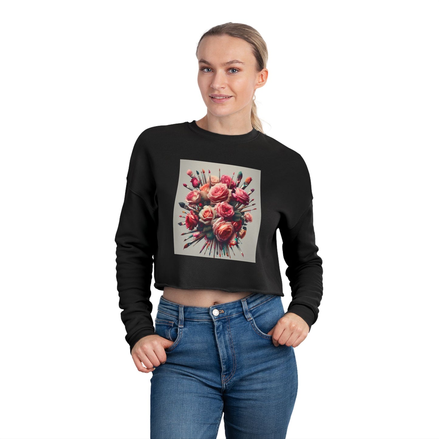 Roses and paint brushes Women's Cropped Sweatshirt