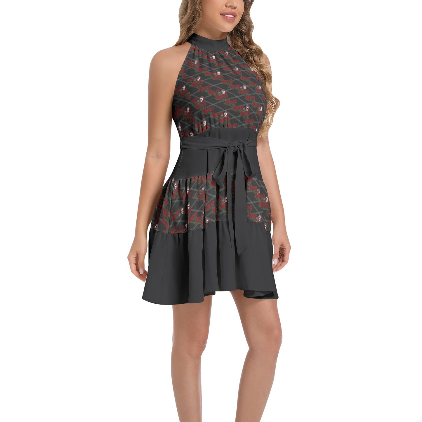 Ruffle Hem Belted Halter Dress