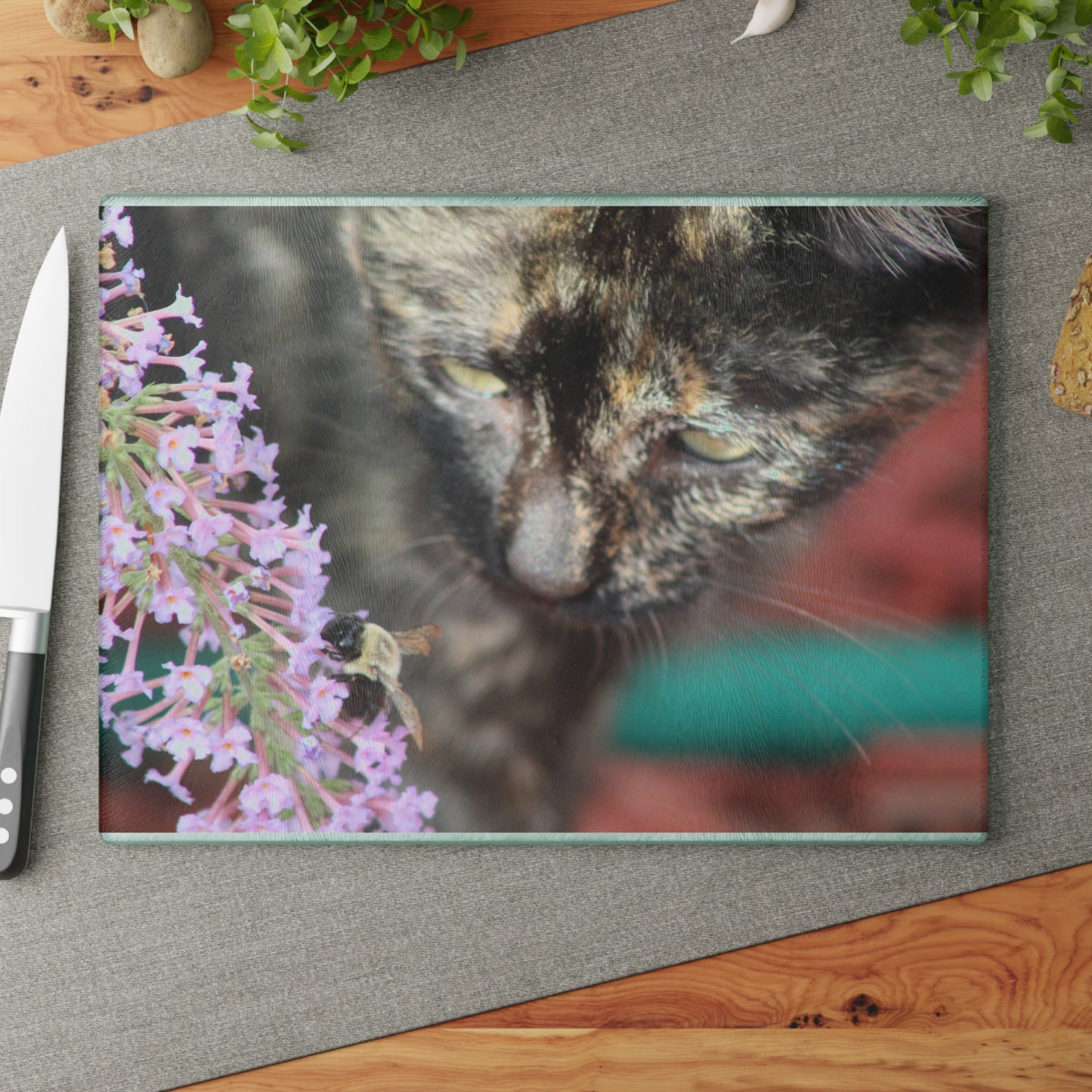 Glass Cutting Board  Curious Cat with Bee